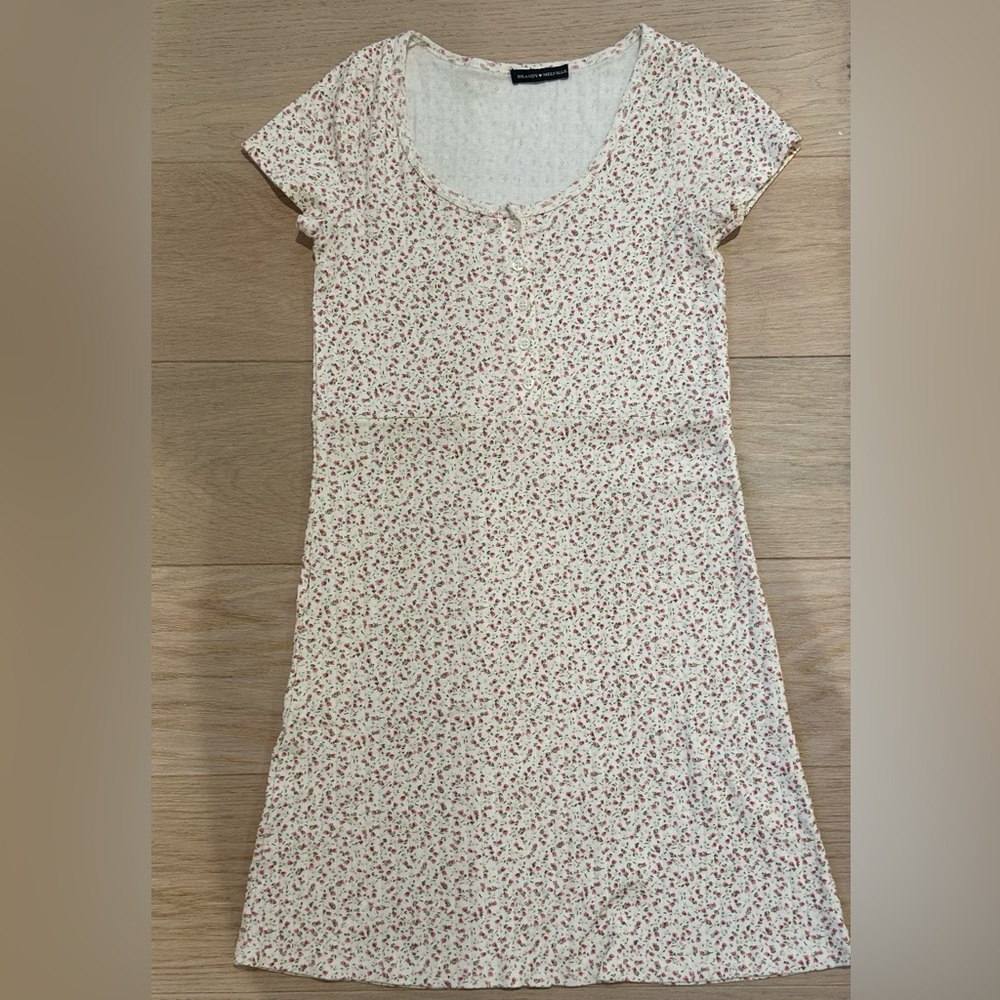 Brandy Melville Zelly White Ribbed Dress With Floral Details
